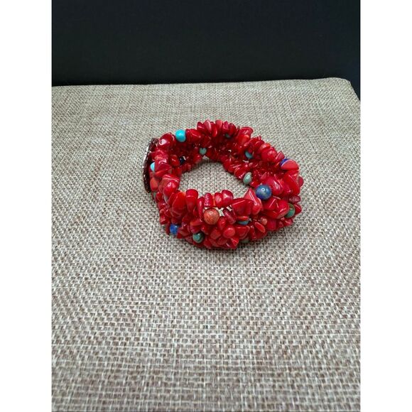 Carolyn Pollack Sterling Silver .925 Red Coral & Turquoise Mosaic Statement Brac - Picture 6 of 8